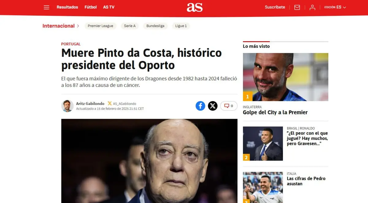 Imagem de contexto do artigo "Duro golpe para o futebol": reações da imprensa internacional à morte de Pinto da Costa