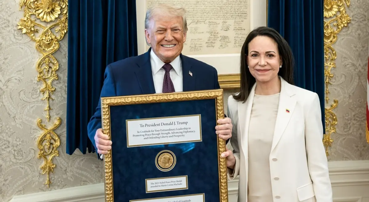 Trump ao lado de Corina com a medalha do Nobel da Paz