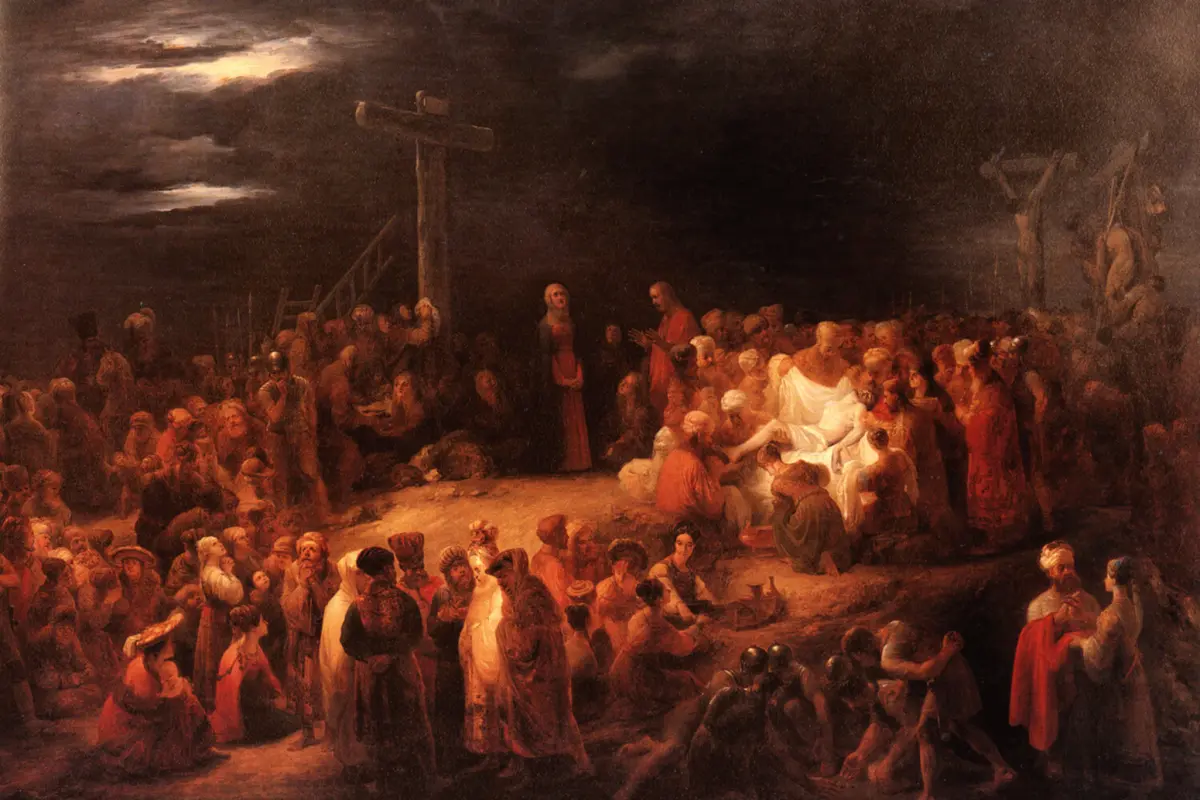 "Descida da cruz": com criação estimada em 1827, a composição a óleo, de cariz religioso, representa o local do calvário de Cristo após a retirada do corpo da cruz.