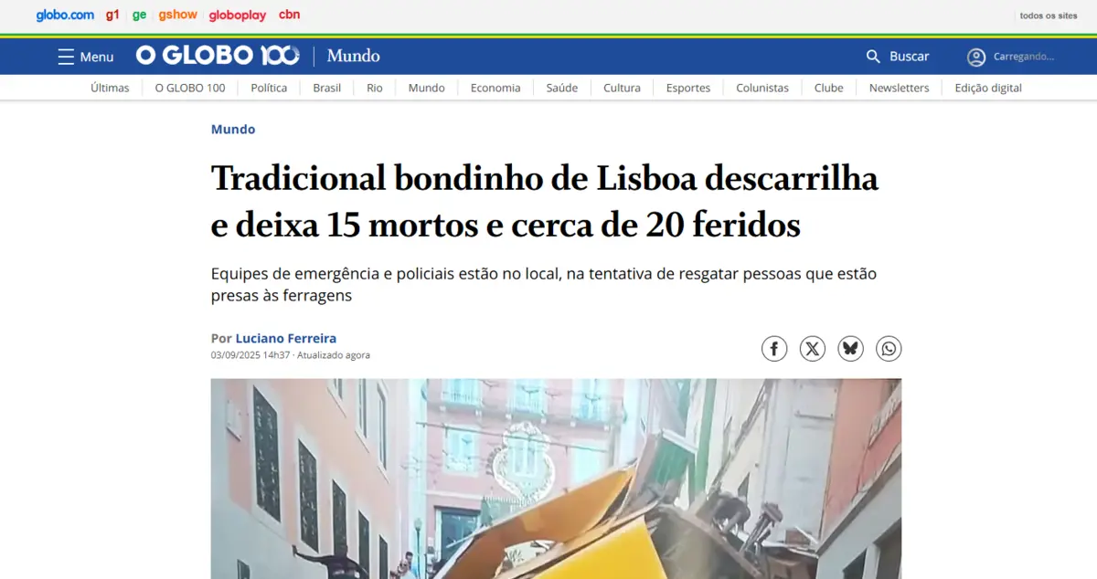 Imagem de contexto do artigo Descarrilamento do Elevador da Glória é notícia em todo o Mundo