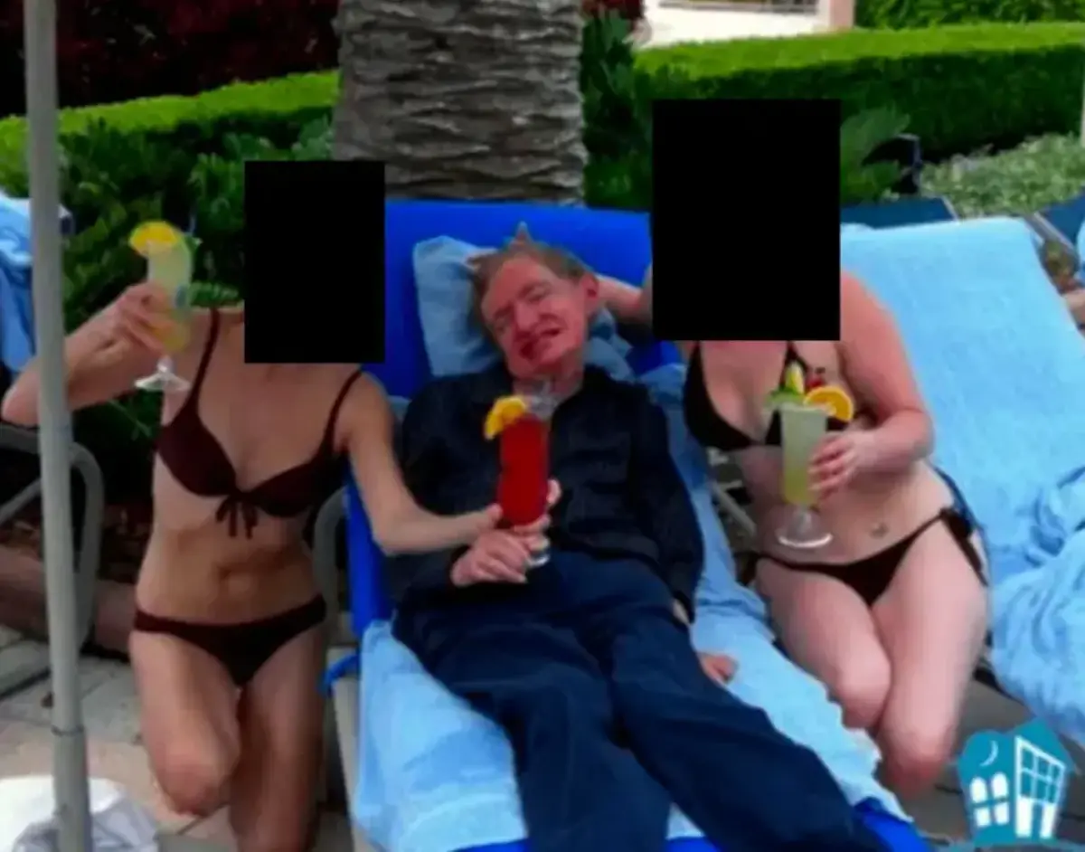 Imagem de Stephen Hawking com duas mulheres de biquíni