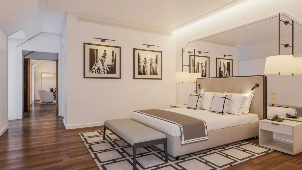 A linguagem cromática dos quartos aposta no preto e no branco.