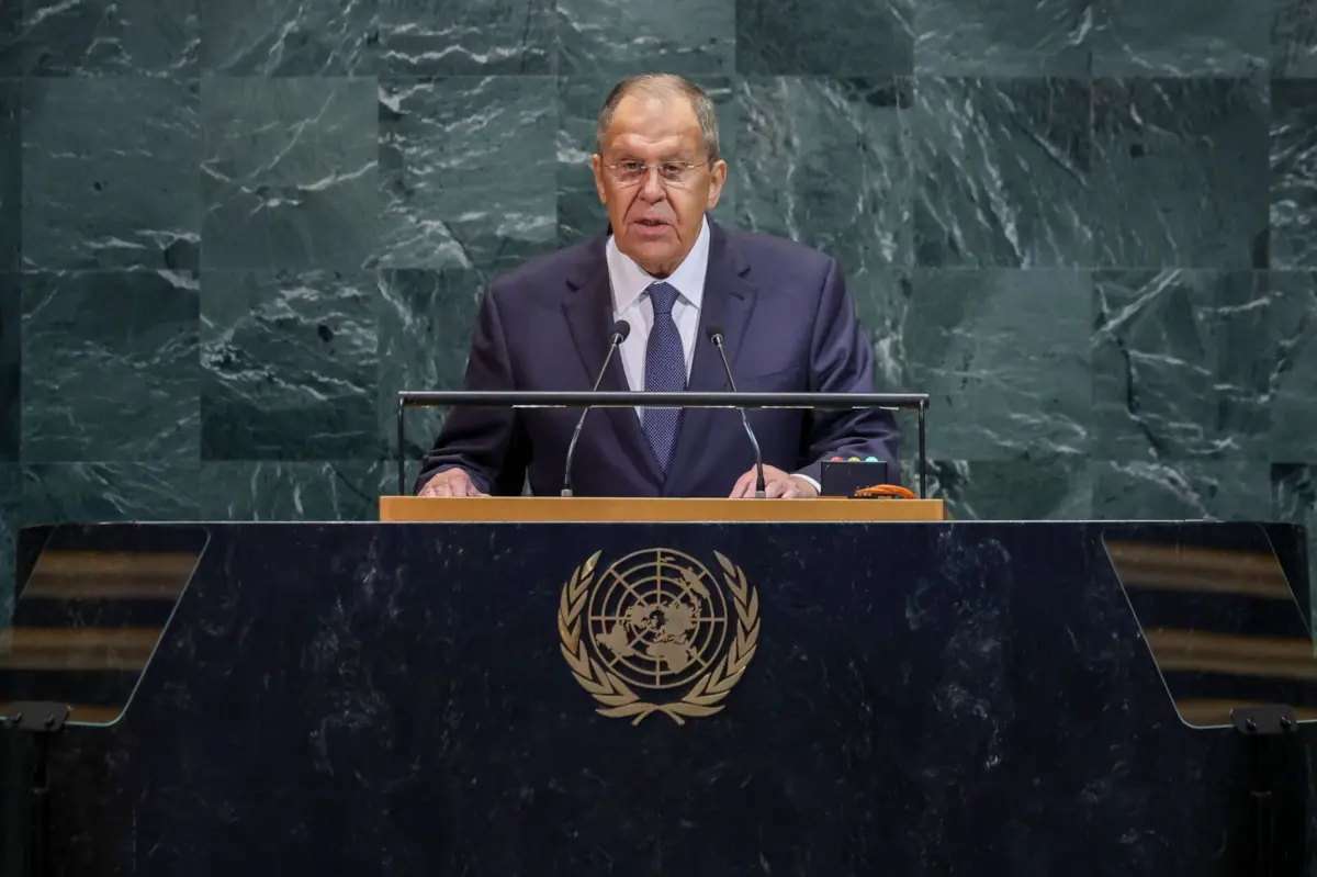 Serguei Lavrov no debate geral da 80.ª Assembleia-Geral das Nações Unidas, em Nova Iorque