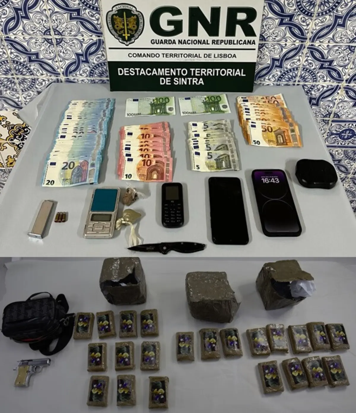 GNR deteve homem por tráfico de droga, apreendendo 4300 doses de canábis, dinheiro e uma arma