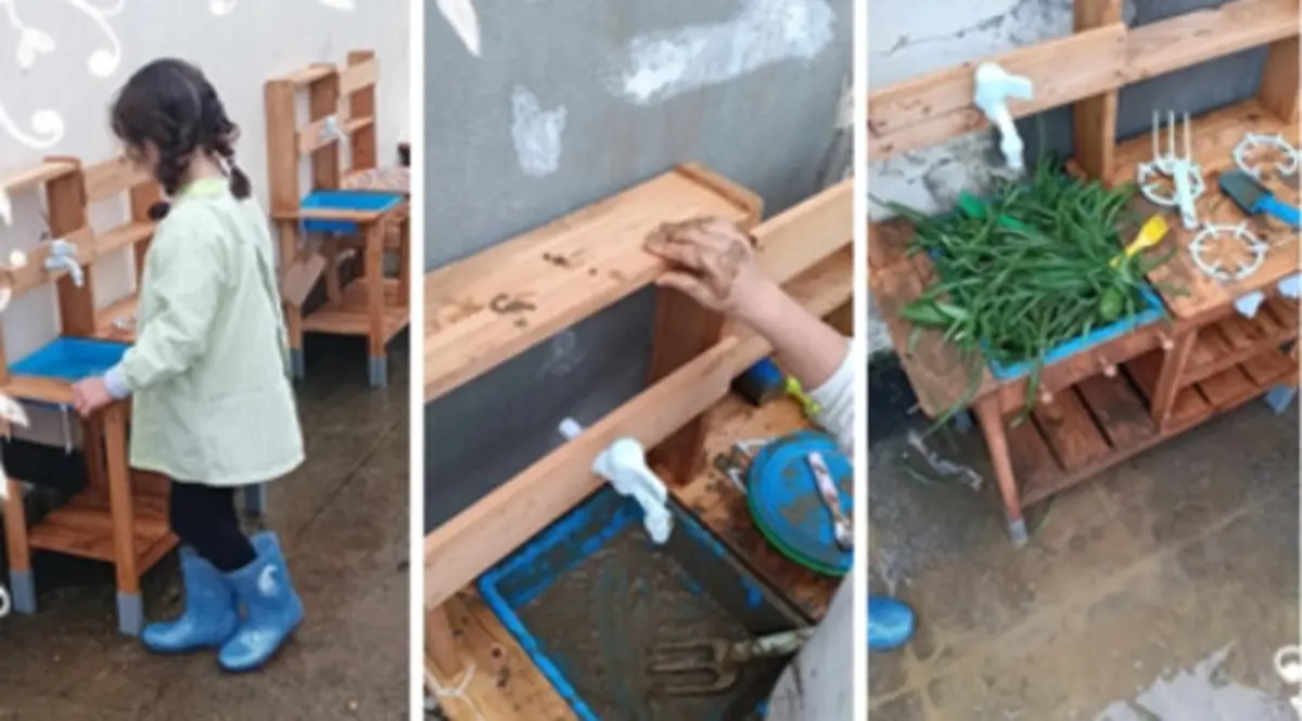 “Cozinhas de lama” para as crianças brincarem com elementos da natureza, como a água, a terra, a areia ou as plantas