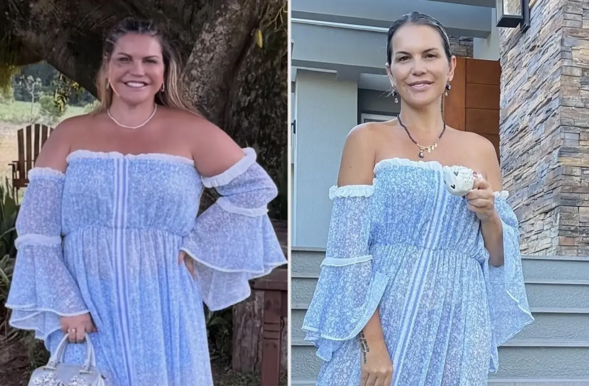 Num ano, Katia Aveiro passou de 100 quilos (à esquerda) para 68 (à direita)