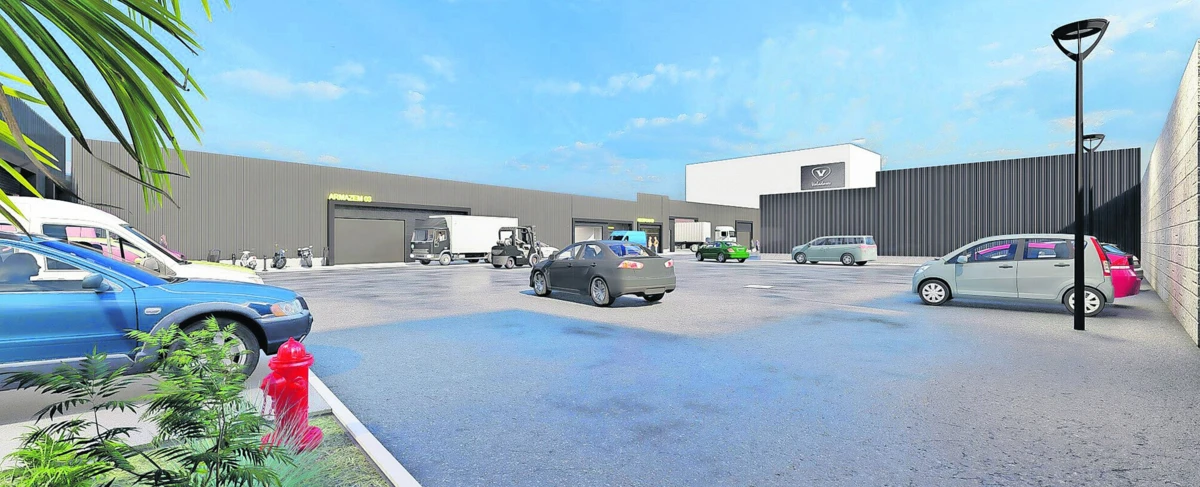 Imagem virtual do parque industrial que está para nascer, com armazéns e lugares de estacionamento