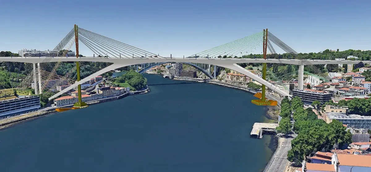 Imagem virtual dos pilares e torres de apoio à construção da ponte