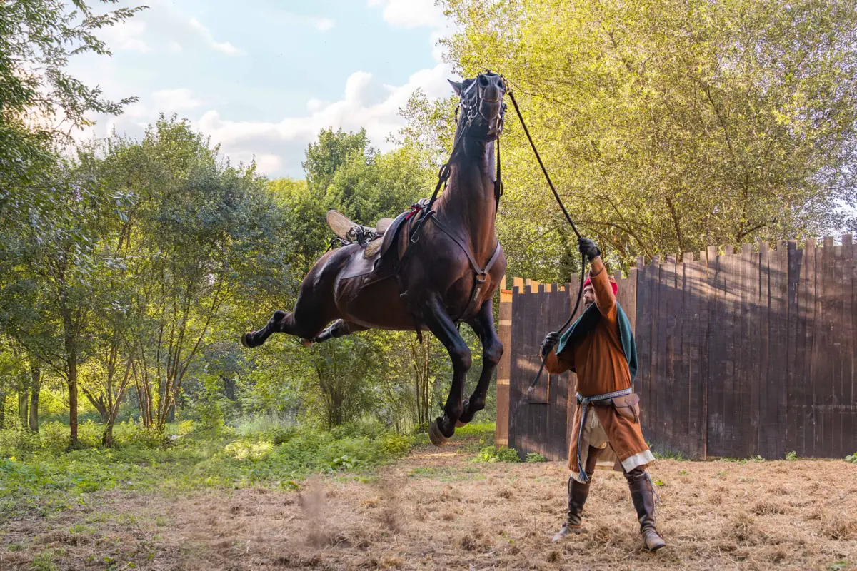 Os cavaleiros franceses da companhia Alastyn Events trazem à Viagem Medieval demonstrações de volteio cossaco e acrobacias a cavalo
