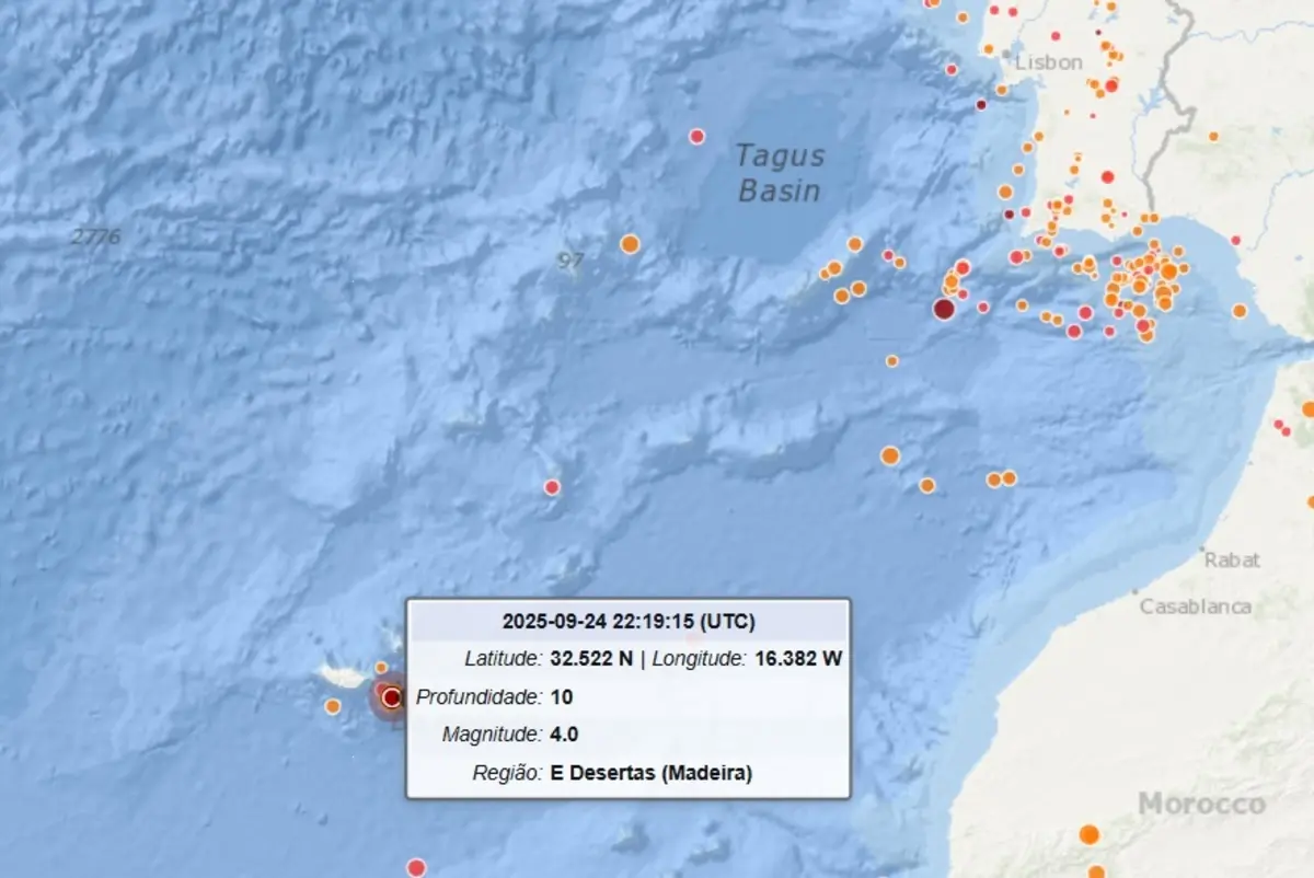 Sismo teve o seu epicentro a cerca de oito quilómetros a este-nordeste da Deserta Grande