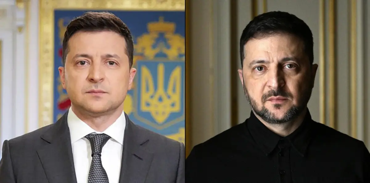 Zelensky em 20 de abril de 2021 e em 20 de fevereiro de 2026, após quatro anos de resistência à invasão russa