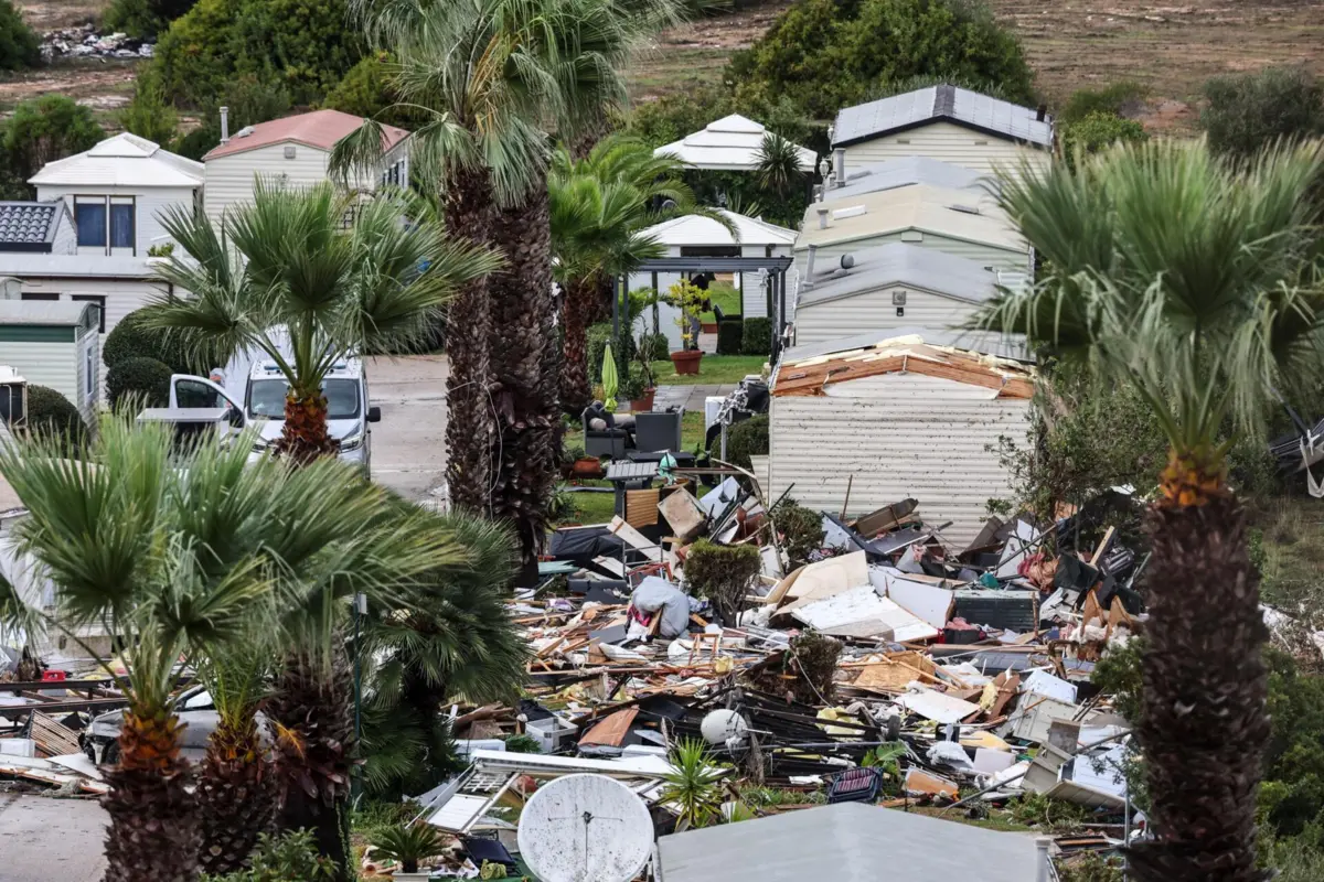 A view of the damage at a campsite in Albufeira, Portugal, on 15 November 2025, following extreme winds that killed at least one person and injured dozens.