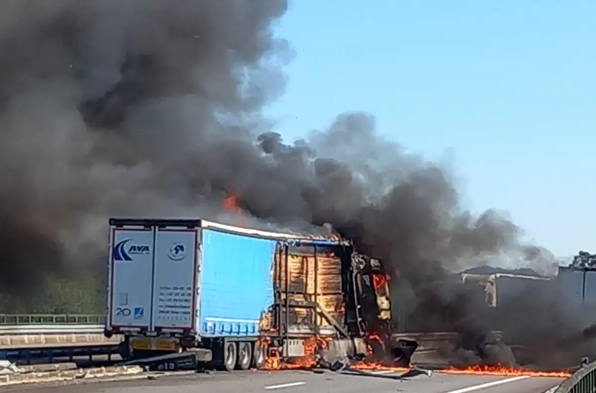 O camião em chamas estava carregado de madeira
