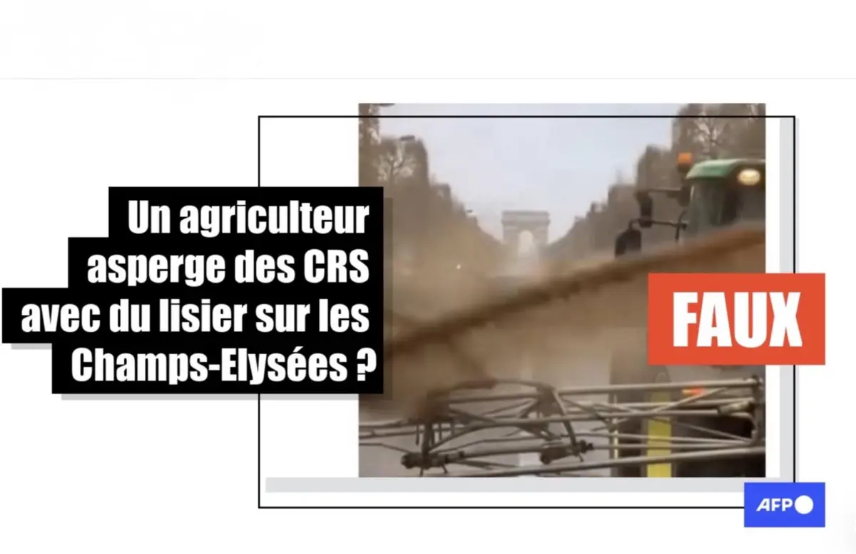 "Agricultor espalha estrume nos Campos Elísios?"- Publicação verificada pela AFP e sinalizada como falsa no Facebook