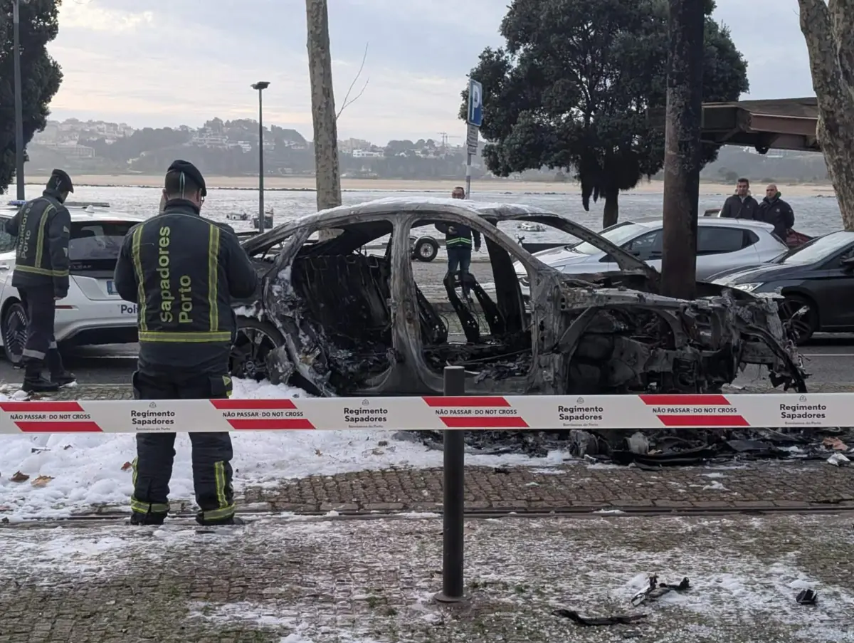 O carro elétrico incendiou-se depois de bater contra um poste