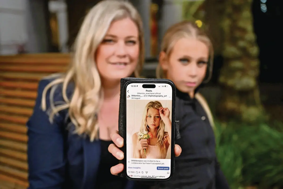 Zoe Jones e a filha, Ava, influenciadora de 12 anos que pode perder o acesso às redes sociais e ao rendimento que obtém online com a nova lei australiana