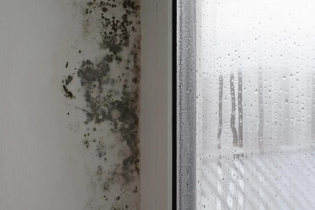 Mold on the wall near the window close-up. The window is covered with moisture, which is why the fungus appears in the house