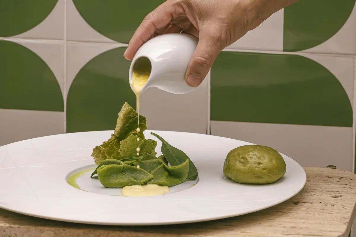 Ravioli de urtiga e espinafres com queijo de cabra e curgete.