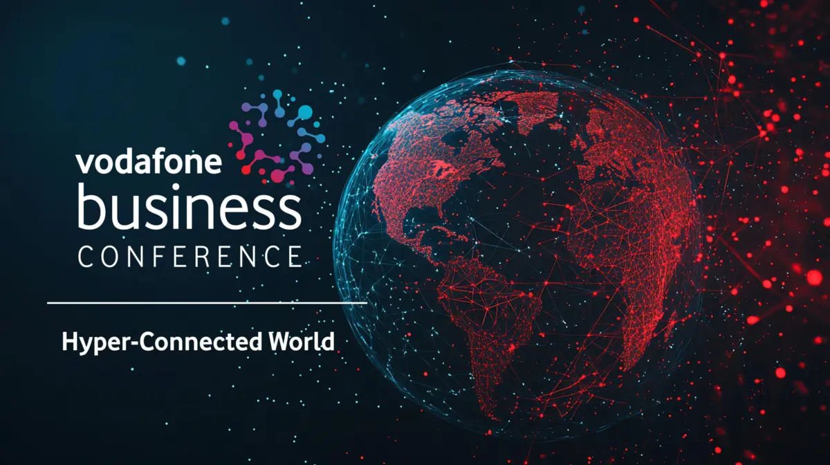 Abstract 3D Earth globe with red network connection lines and blue digital dots in dark blue background.