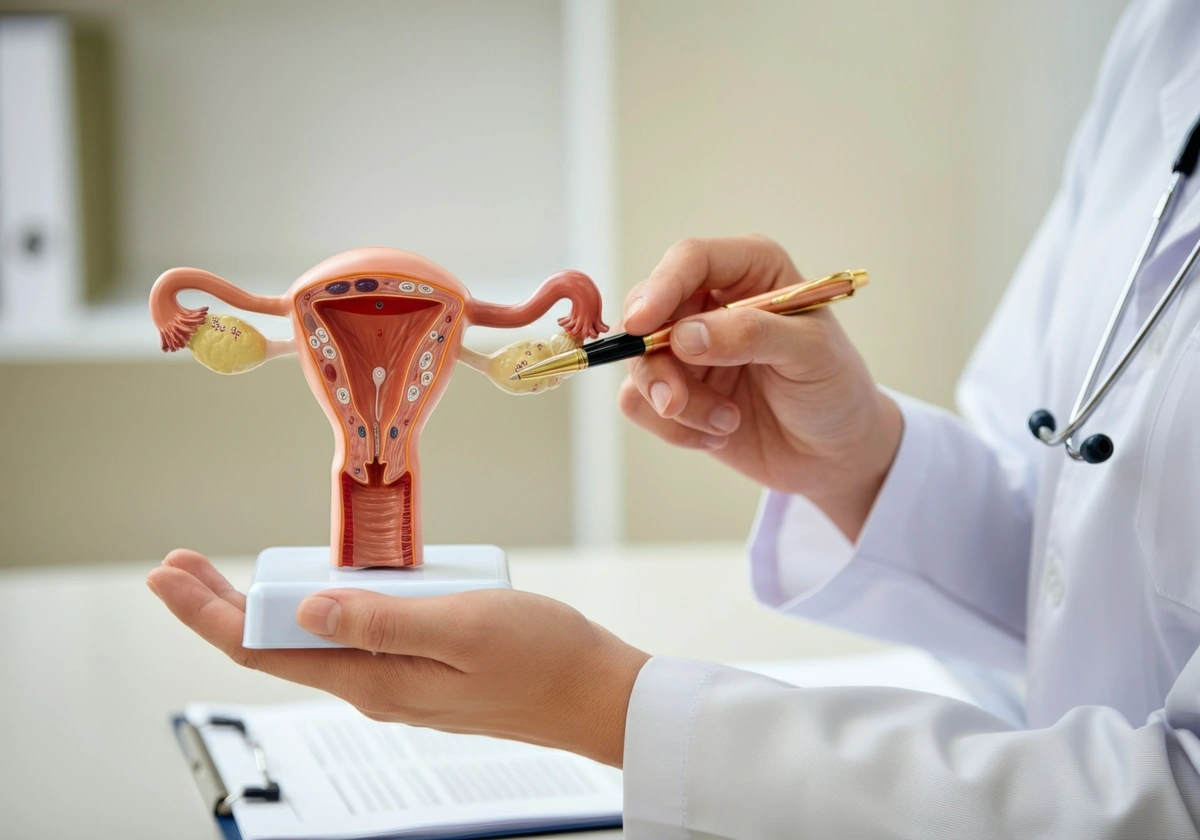 Doctor holding anatomical model of female reproductive system with uterus, ovaries, and fallopian tubes, using pen for medical explanation, gynecology education and health awareness.