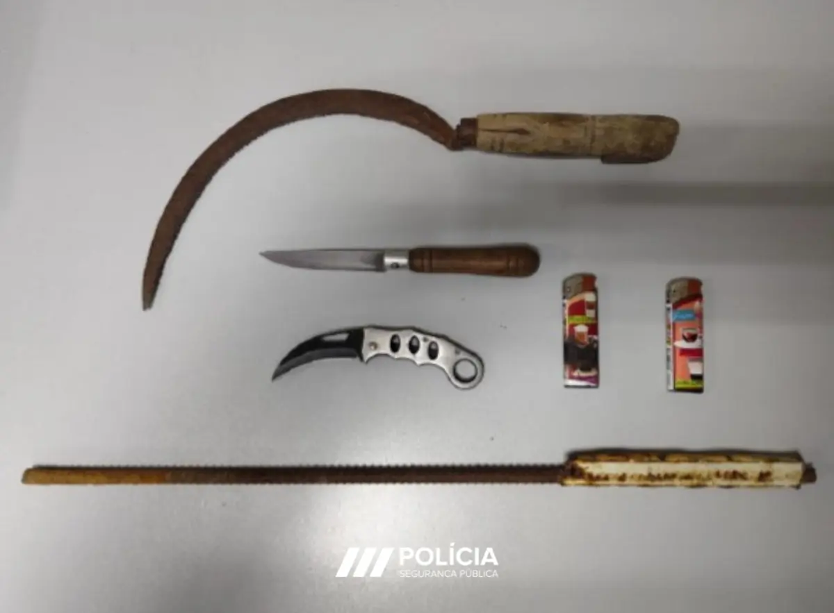 Armas apreendidas ao suspeito e isqueiros usados para atear fogo ao cocktail molotov