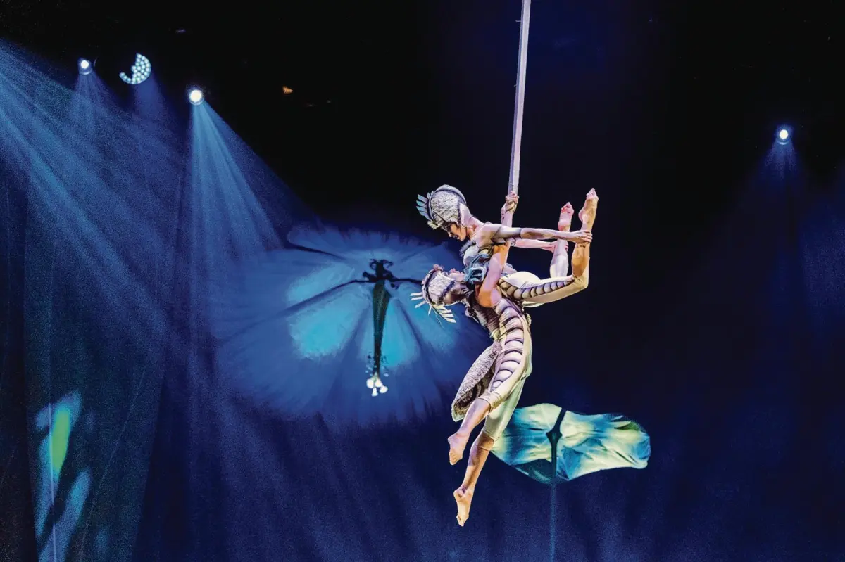 Artistas unem acrobacias aéreas, contorcionismo e trampolins, com humor, canto e uma banda sonora de inspiração brasileira