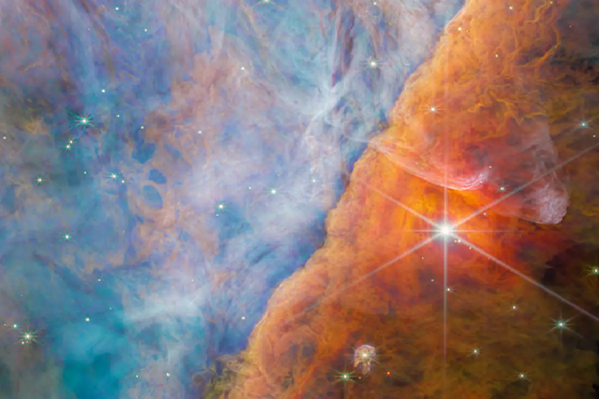 Imagem obtida pela NIRCam (câmara de infravermelhos próximos) do Webb que mostra uma parte da Nebulosa de Orion