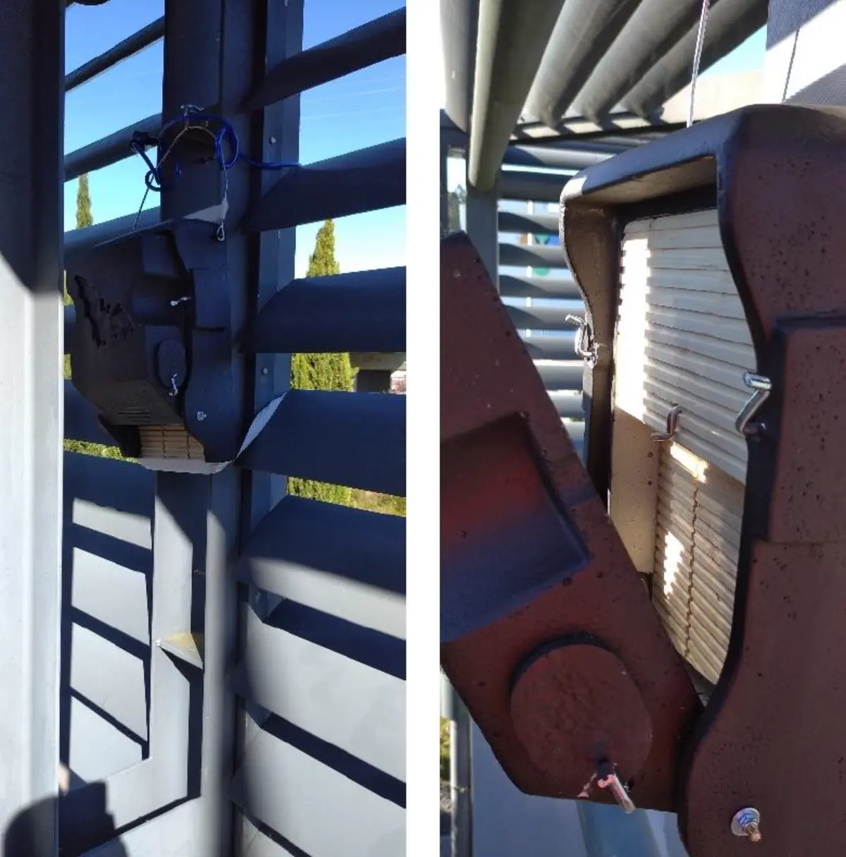 Exemplo de duas estruturas instaladas no edifício do centro comercial para acolher morcegos