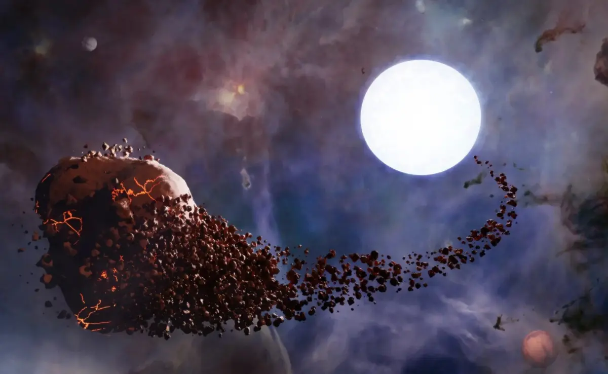 Impressão artística de um planeta (à esquerda) que se aproximou muito de uma anã branca (à direita) e foi dilacerado