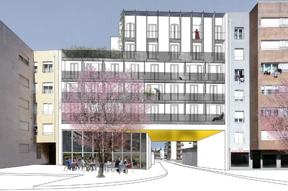 Imagem virtual do edifício em construção, visto da Rua D. Afonso Henriques