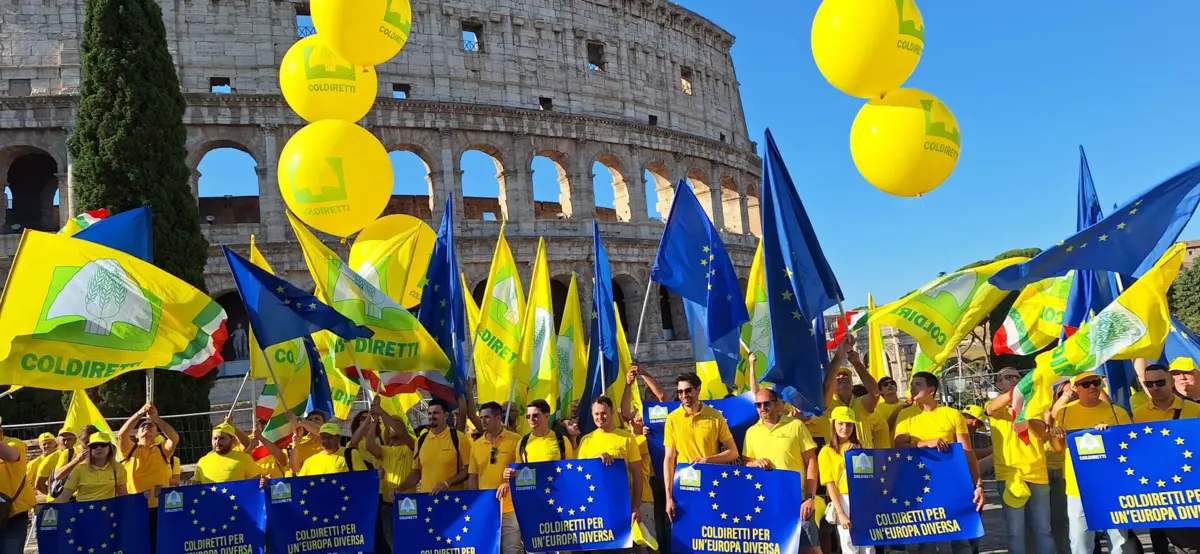 Os atos na Bélgica e em Itália tiveram balões, cartazes e bandeiras com uma caricatura de Ursula von der Leyen