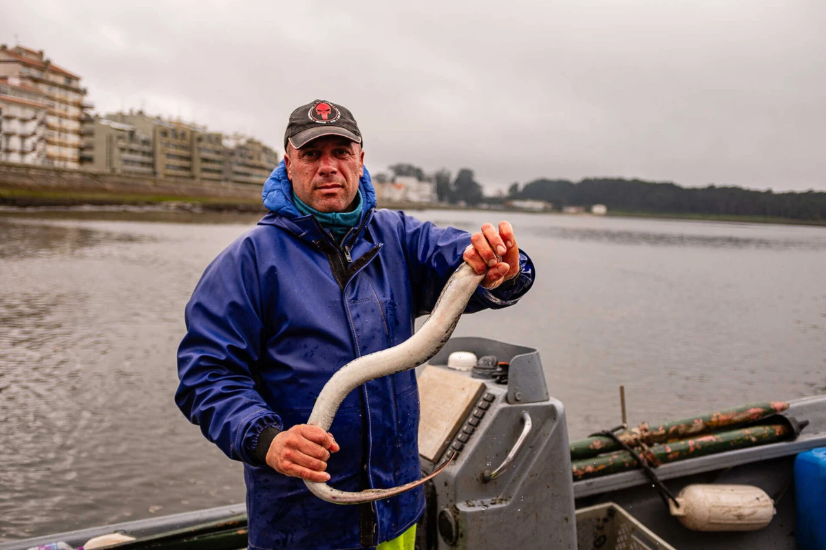 Noé Guimarães exibe a lampreia que capturou numa das raras vez em que não veio de redes vazias