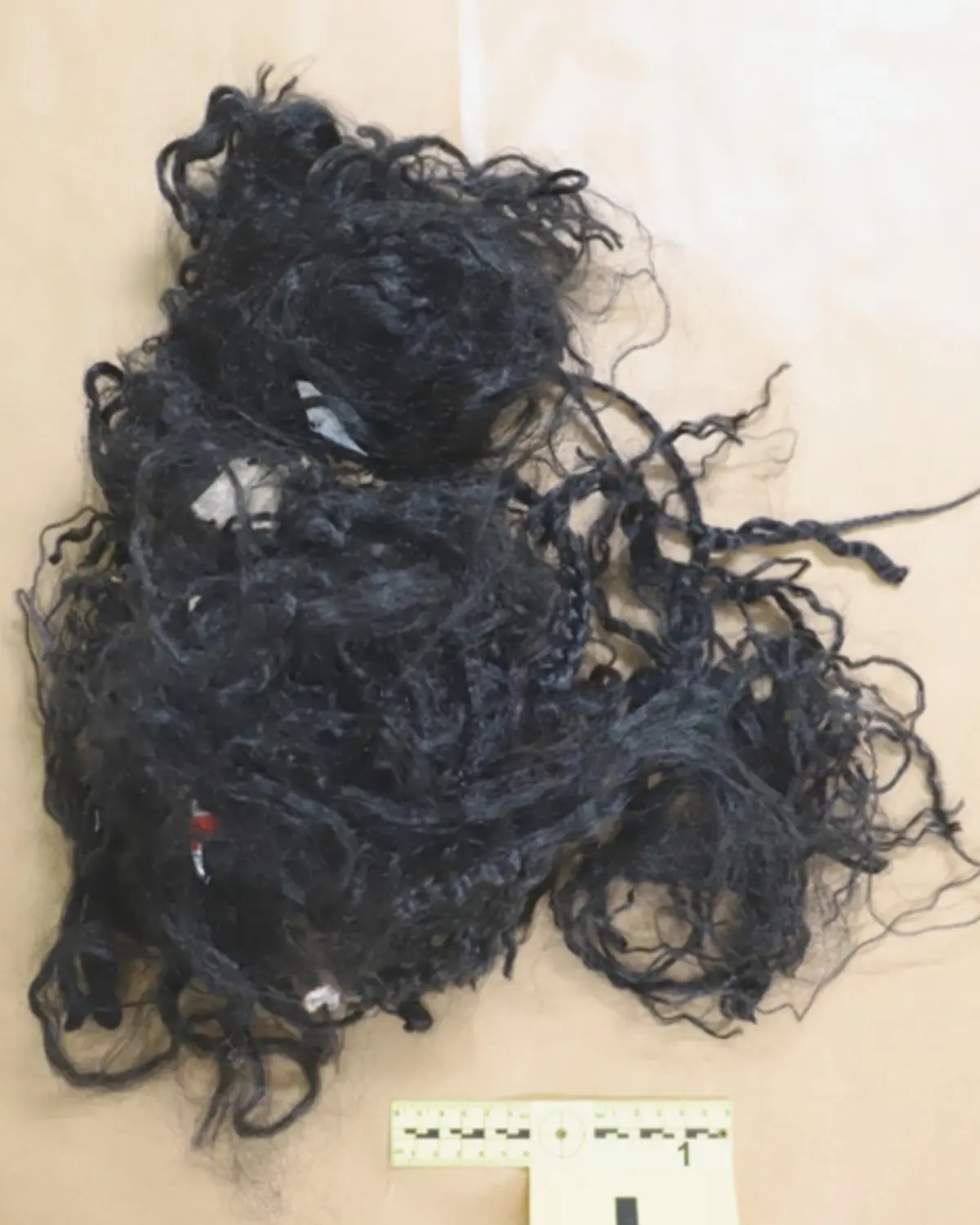 Foi encontrada uma peruca de cabelo postiço, de cor preta