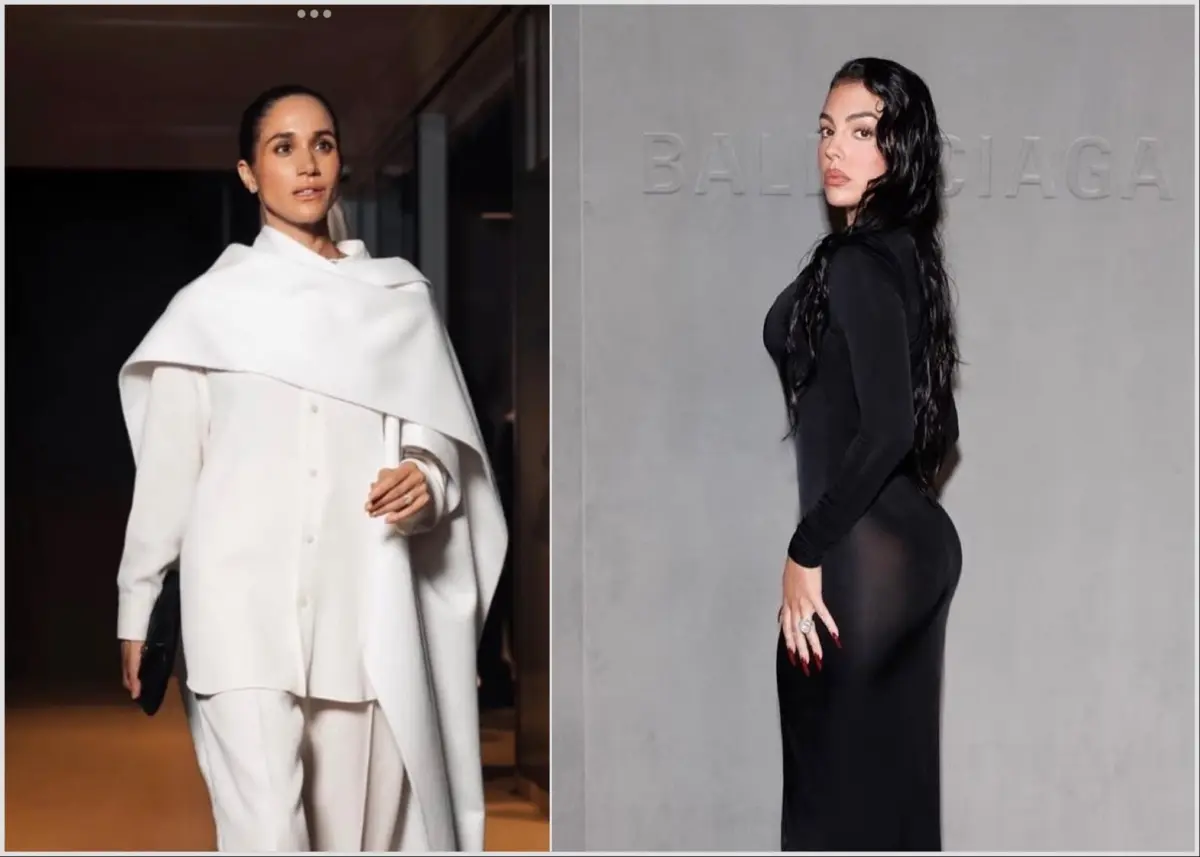 Meghan Marke e Georgina Rodriguez coincidiram no desfile da Balenciaga