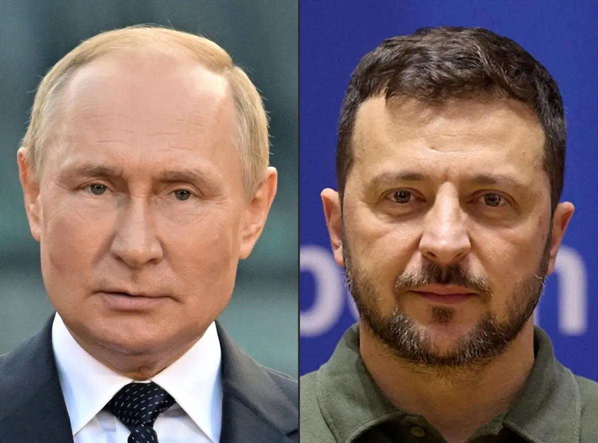 O presidente russo Vladimir Putin e o seu homólogo ucraniano Volodymyr Zelensky