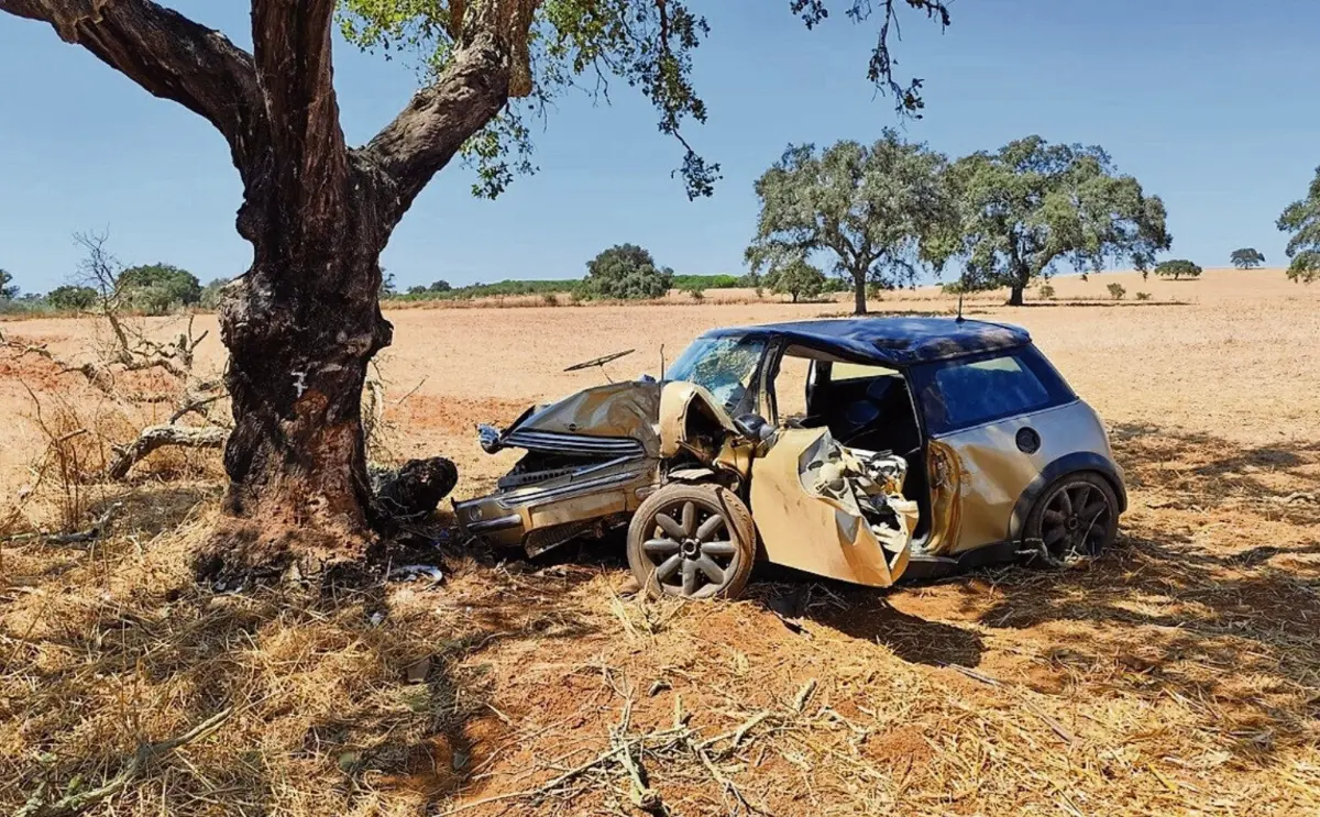 O carro que se despistou na EN389, em Ourique, ficou destruído
