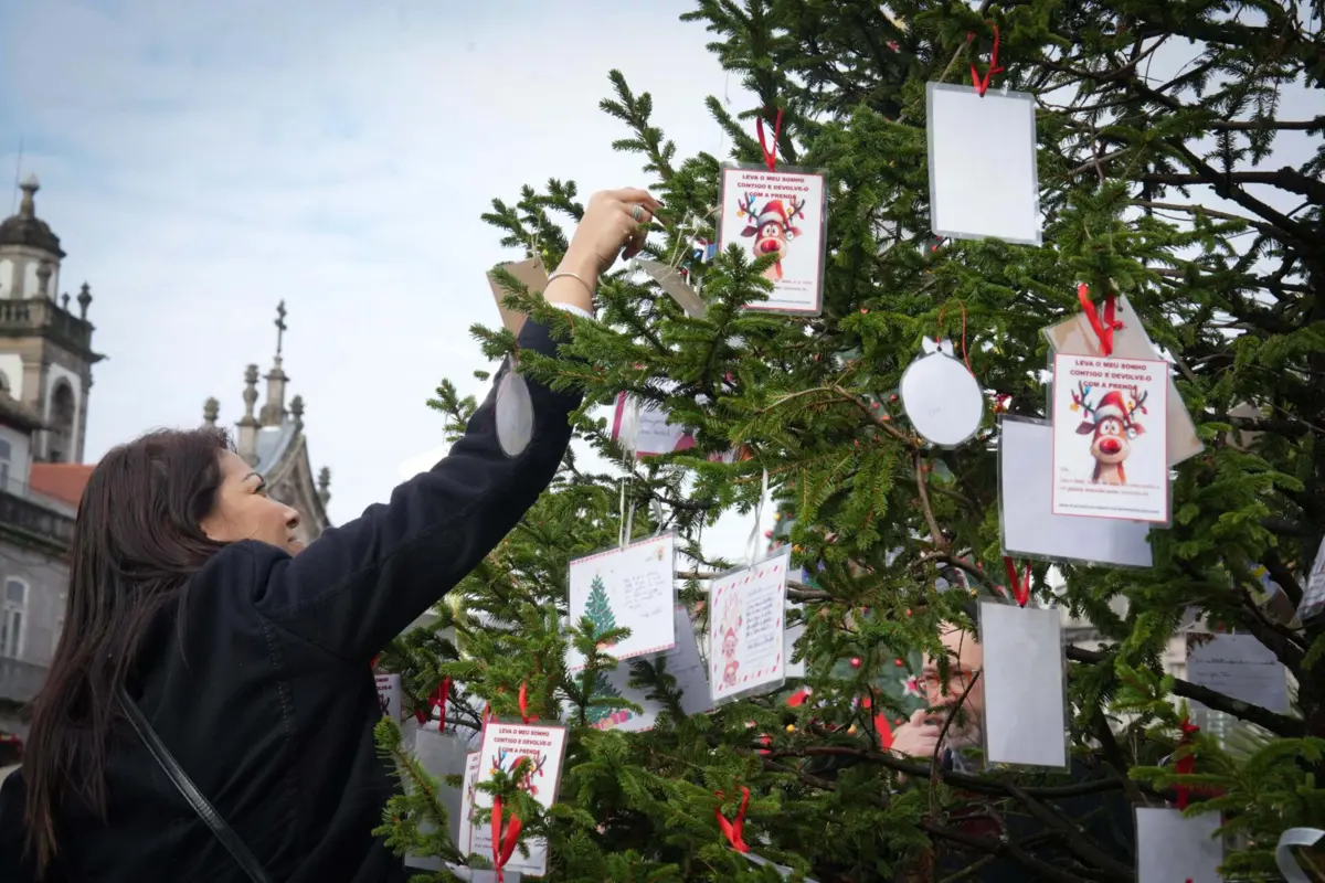 Na árvore estão pendurados pedidos diversos, como camisolas de lã, fatos de treino, perfumes, pijamas, calças de ganga, sapatilhas ou até uma máquina para cortar cabelo