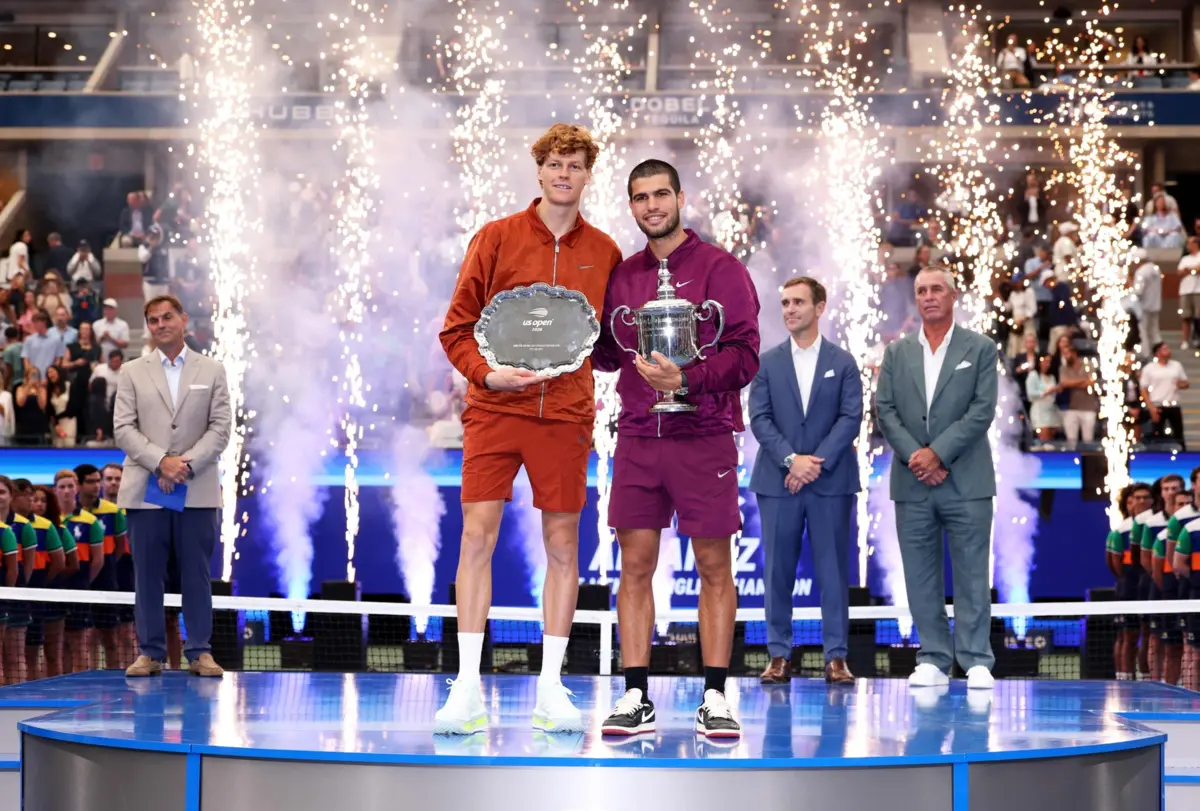 Jannik Sinner e Carlos Alcaraz no US Open, em Nova Iorque, em setembro