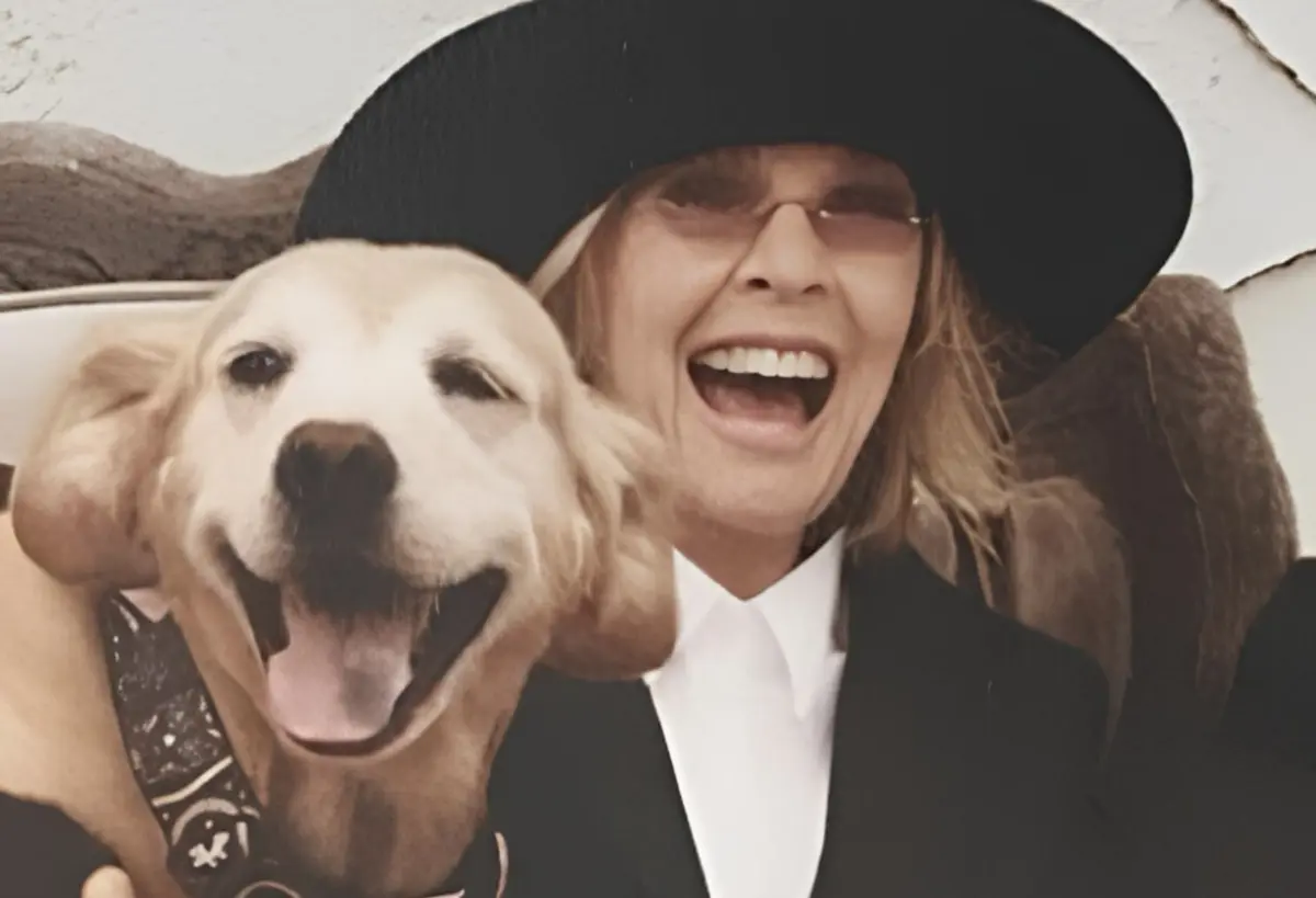Diane Keaton com Reggie, o Golden Retriever que adotou em 2020
