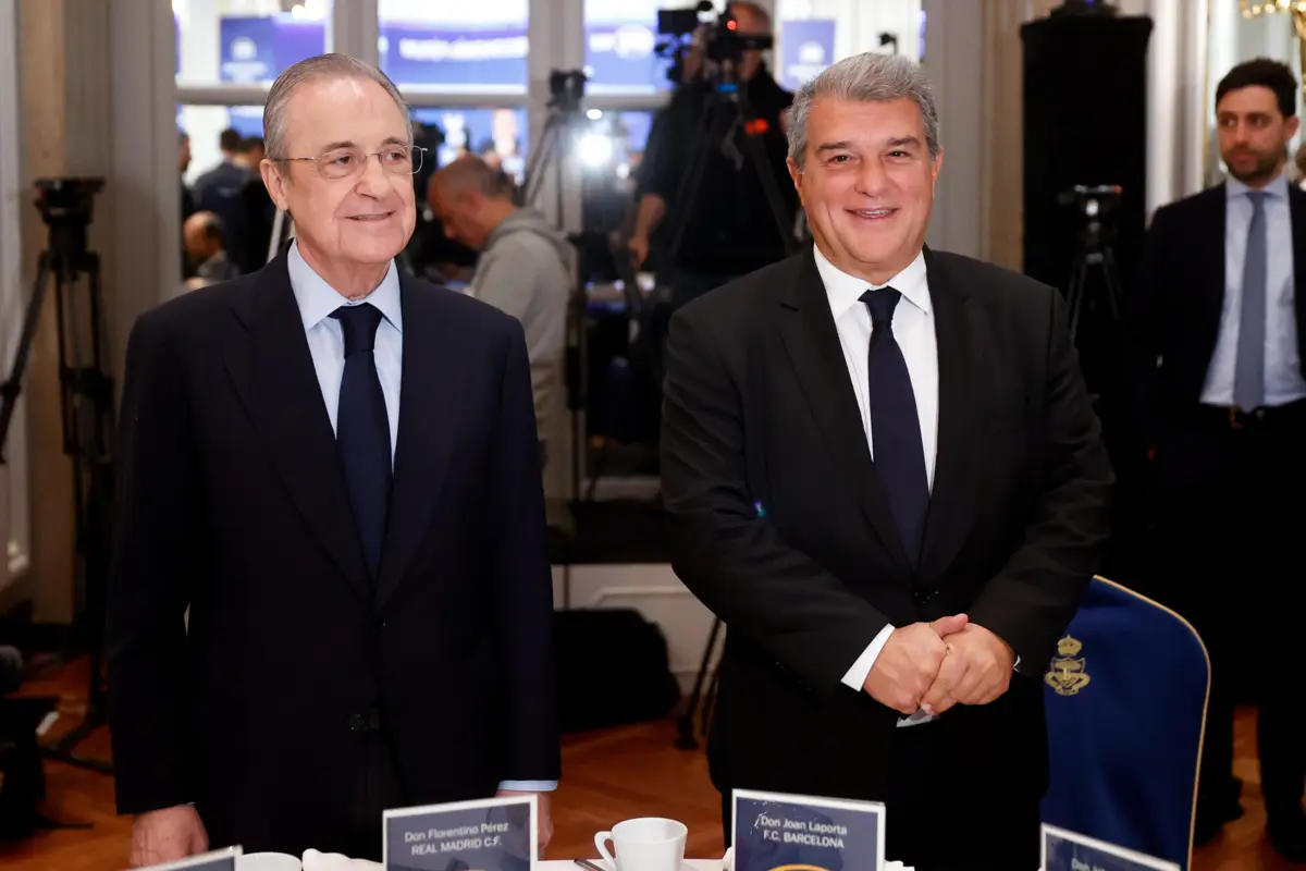 Florentino Perez, presidente do Real Madrid, e Joan Laporta, líder do Barcelona