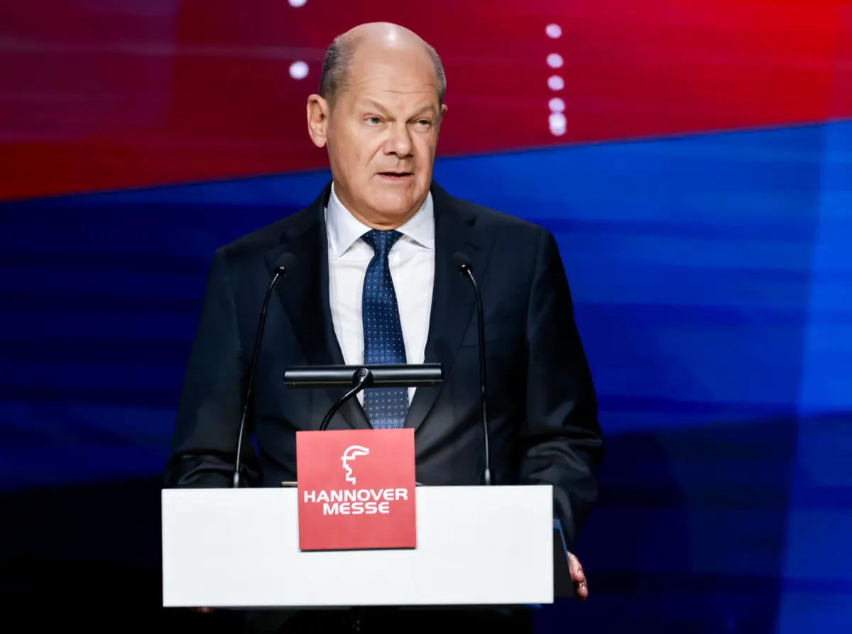 Olaf Scholz na abertura da Feira Industrial de Hanôver, onde o Canadá é este ano o país convidado