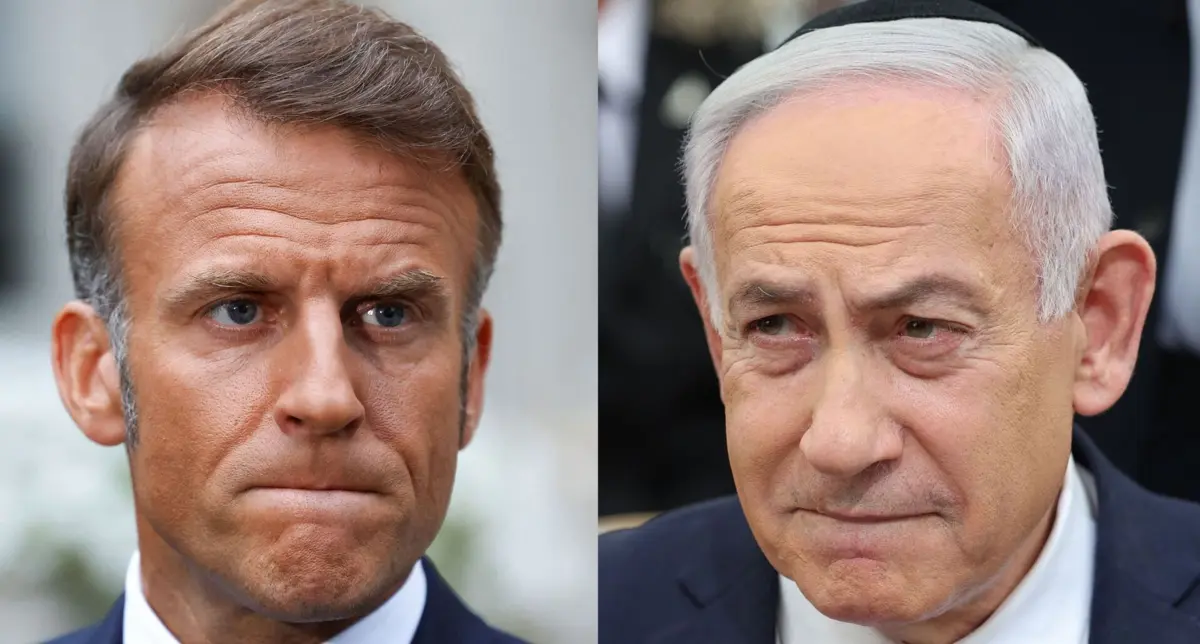 O presidente francês Emmanuel Macron e o primeiro-ministro israelita Benjamin Netanyahu