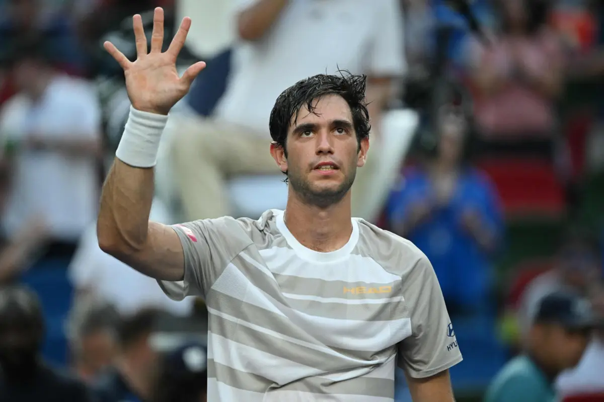 Portugal"s Nuno Borges celebrates after winning against China"s Shang Juncheng during their men's singles match at the Shanghai Masters tennis tournament in Shanghai on October 6, 2025. (Photo by Jade Gao / AFP)