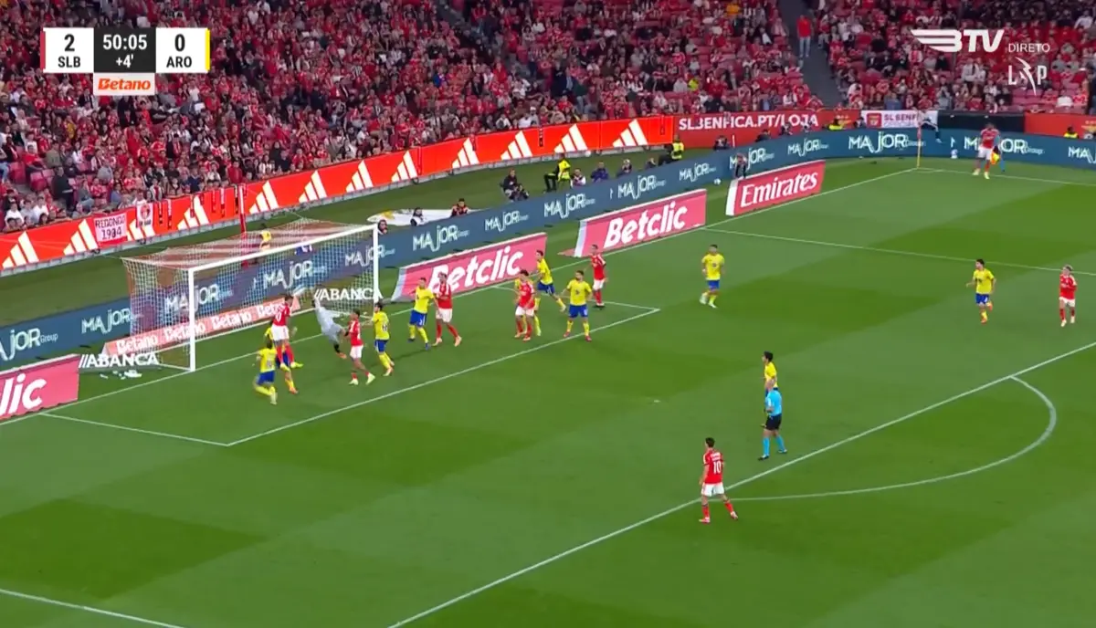 Imagem de contexto do artigo Veja como Otamendi fez o 3-0 para o Benfica na receção ao Arouca
