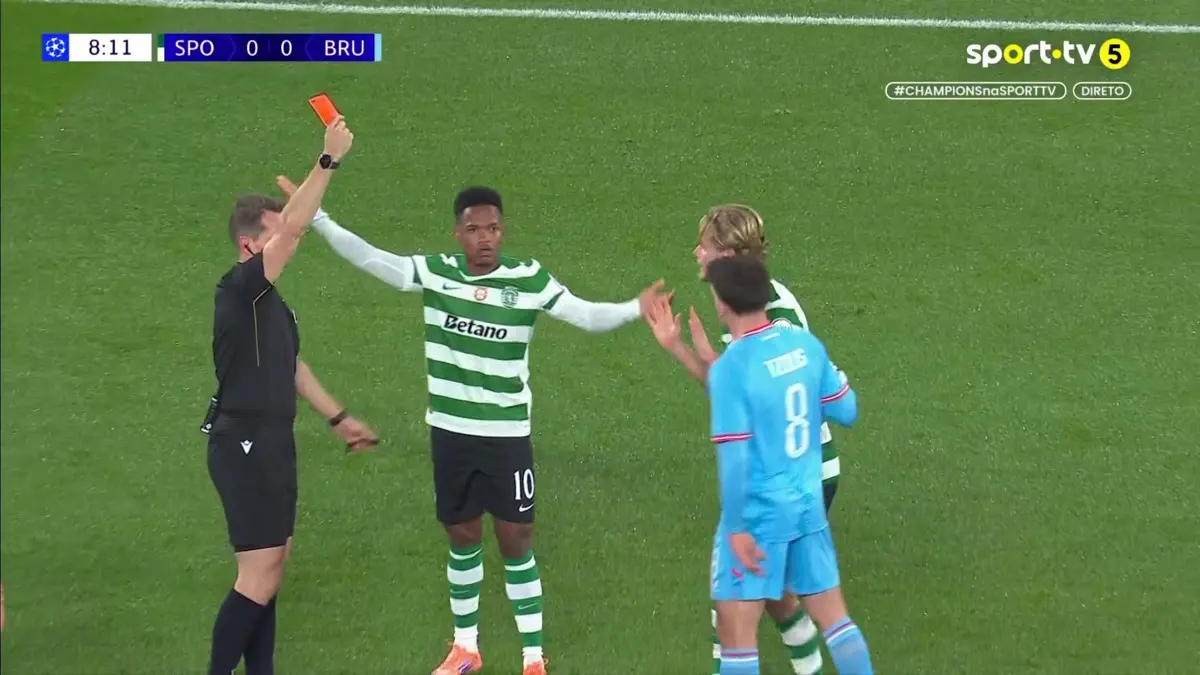 Imagem de contexto do artigo Sporting-Club Brugge: VAR reverte cartão vermelho a Hjulmand. Ora veja