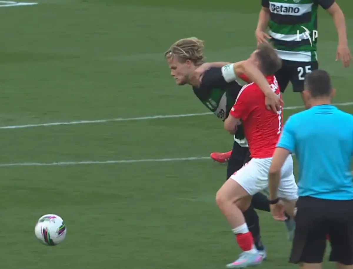 Imagem de contexto do artigo Benfica-Sporting: águia protestou segundo amarelo para Hjulmand neste lance