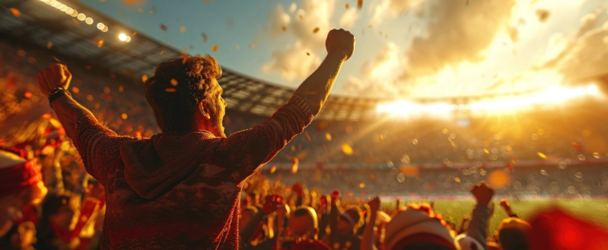 a soccer fans holding fists at a stadium.
