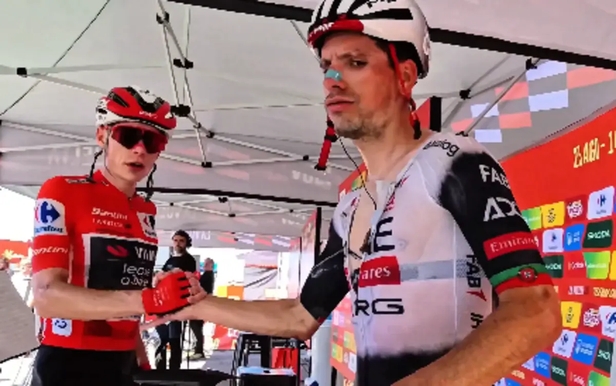 Imagem de contexto do artigo Vídeo: a chegada de João Almeida, a felicitação de Vingegaard e o abraço com o diretor da equipa