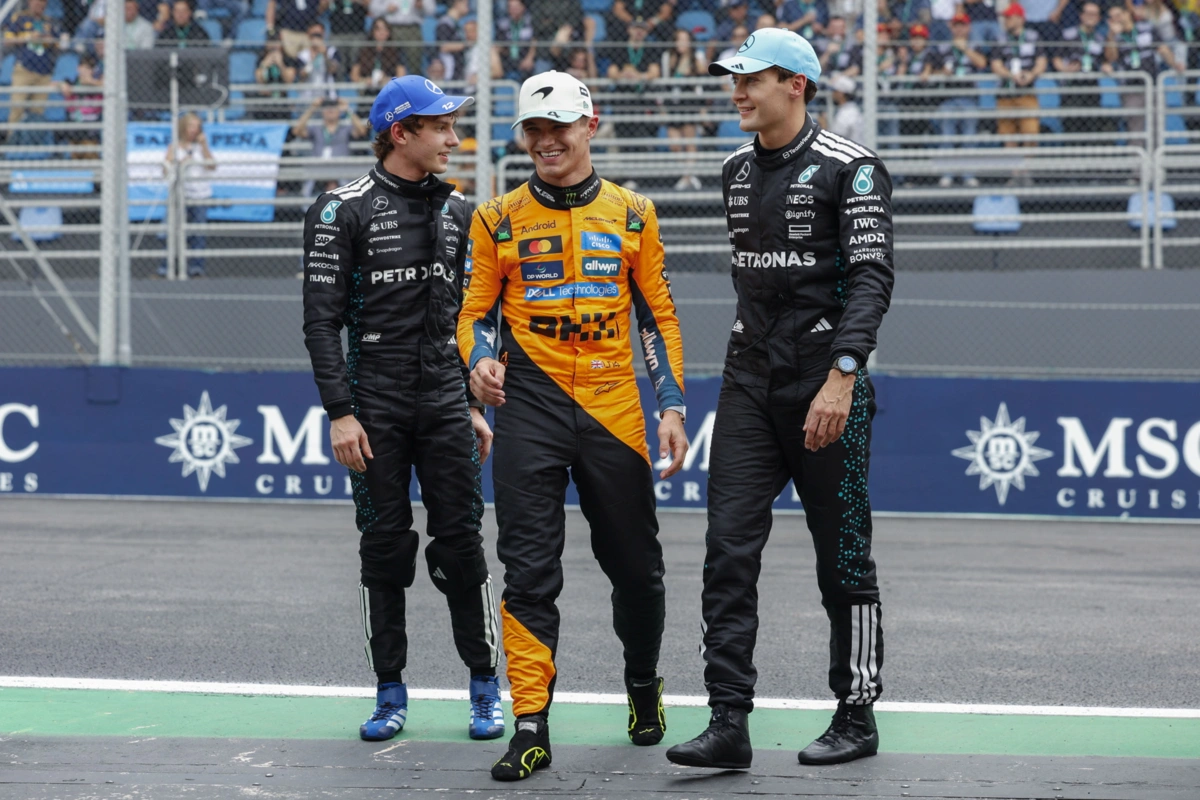 epa12512275 (L - R) Italian driver Kimi Antonelli of Mercedes, British driver Lando Norris of McLaren, and British driver George Russell of Mercedes react at the end of the sprint race at the Formula One Grand Prix of Sao Paulo at the Autodromo Jose Carlos Pace racetrack in Interlagos, Sao Paulo, Brazil, 08 November 2025. The 2025 Formula 1 Grand Prix of Sao Paulo is held on 09 November. EPA/Sebastiao Moreira