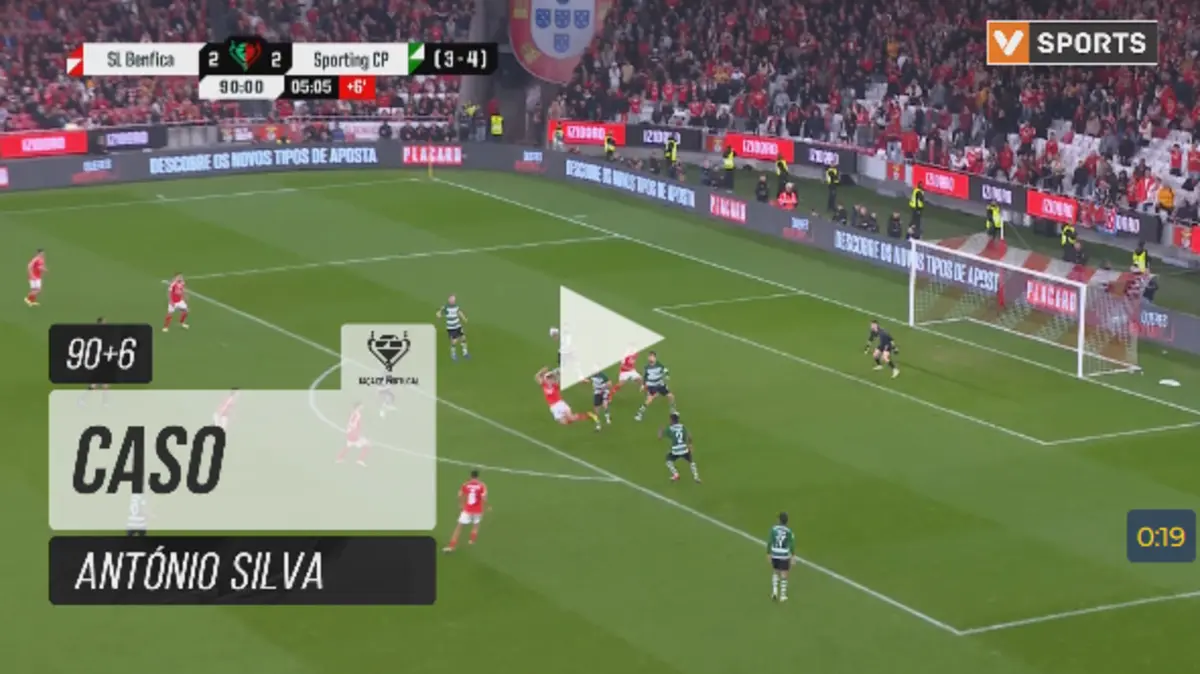 Imagem de contexto do artigo António Silva pediu penálti neste lance aos 90+6' do Benfica-Sporting